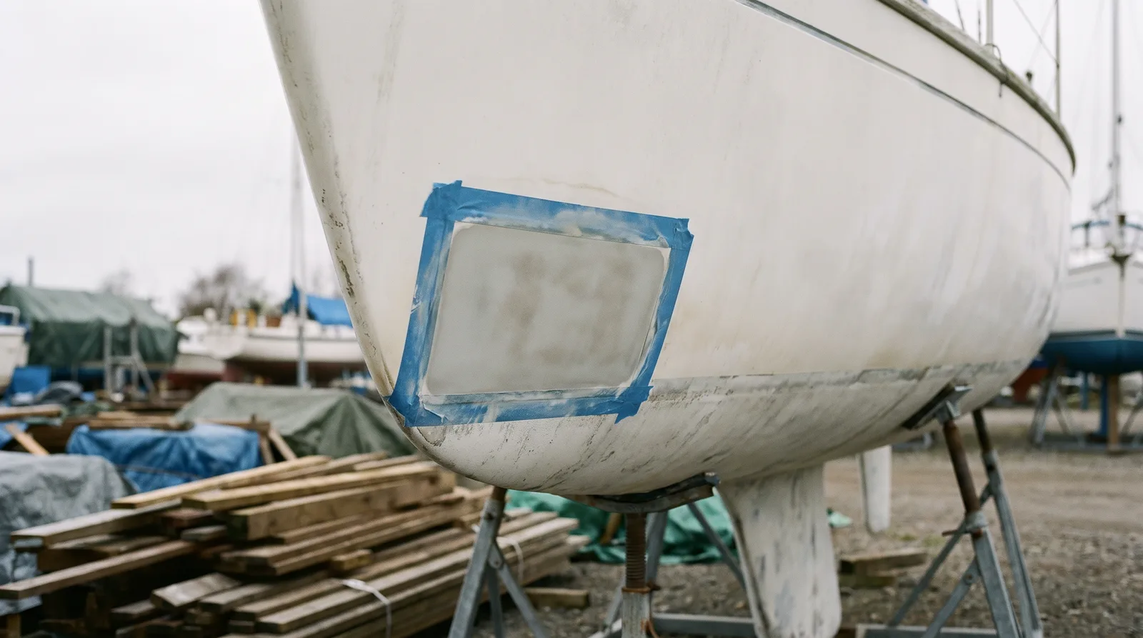 Reparación de gelcoat en el casco blanco de un velero varado en un astillero
