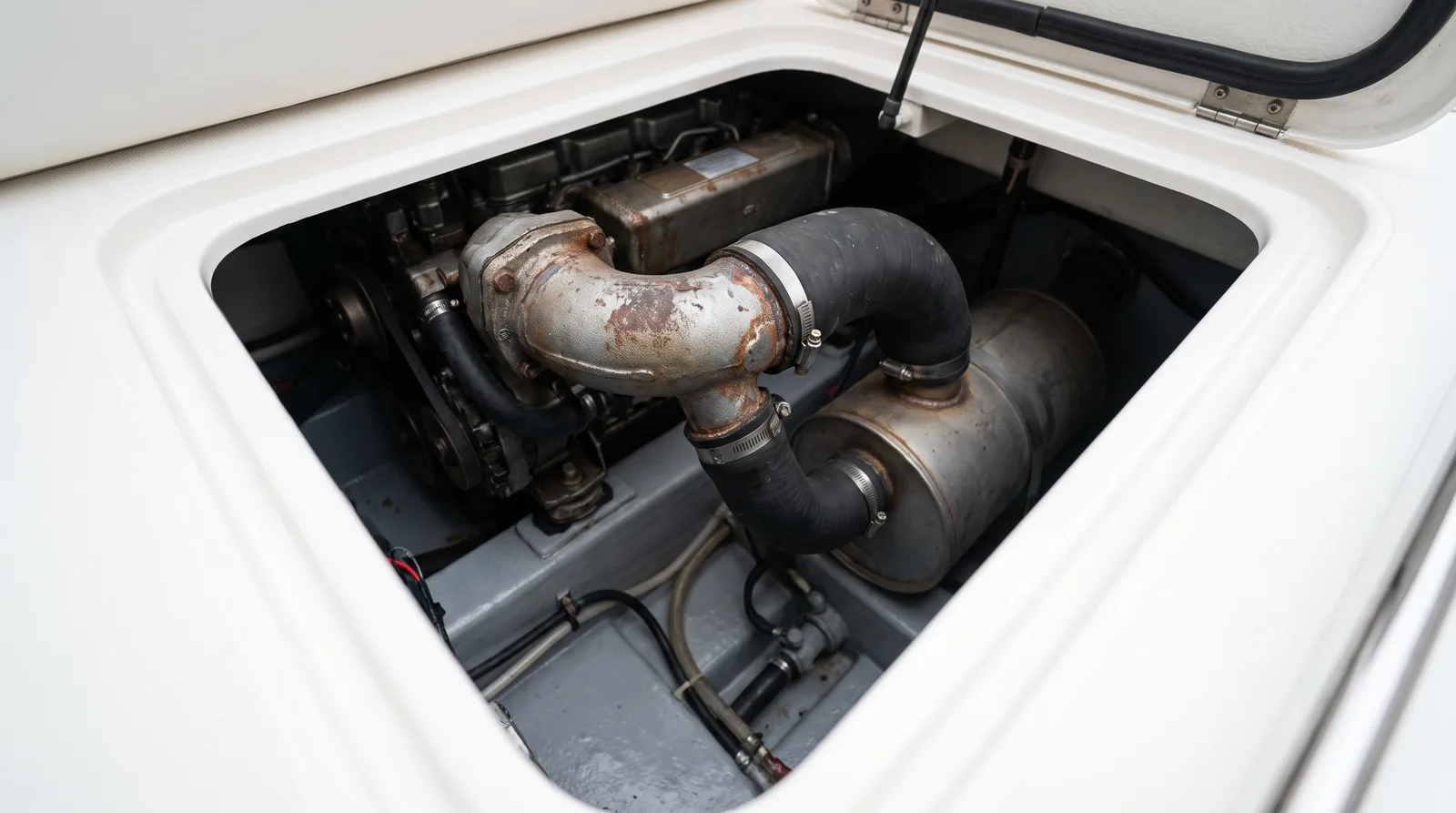 Sala de máquinas abierta de un barco a motor con motor diésel, codo de escape refrigerado por agua, manguera negra y silencioso colector