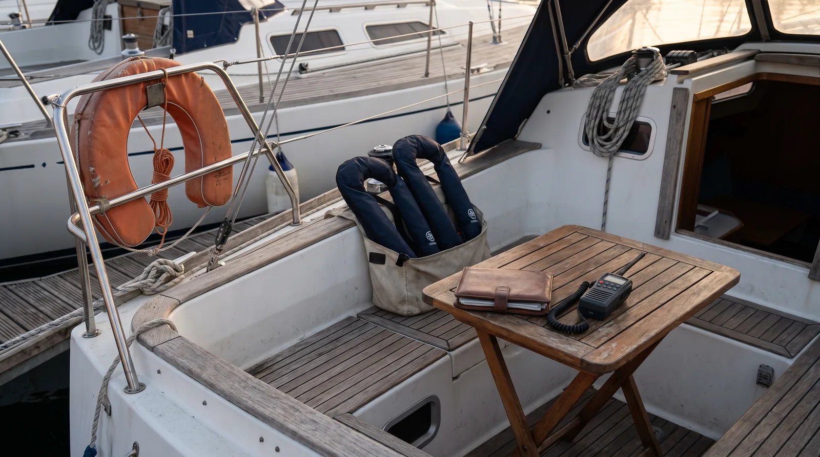 Bañera de un velero cuidado con aro salvavidas, chalecos y emisora portátil