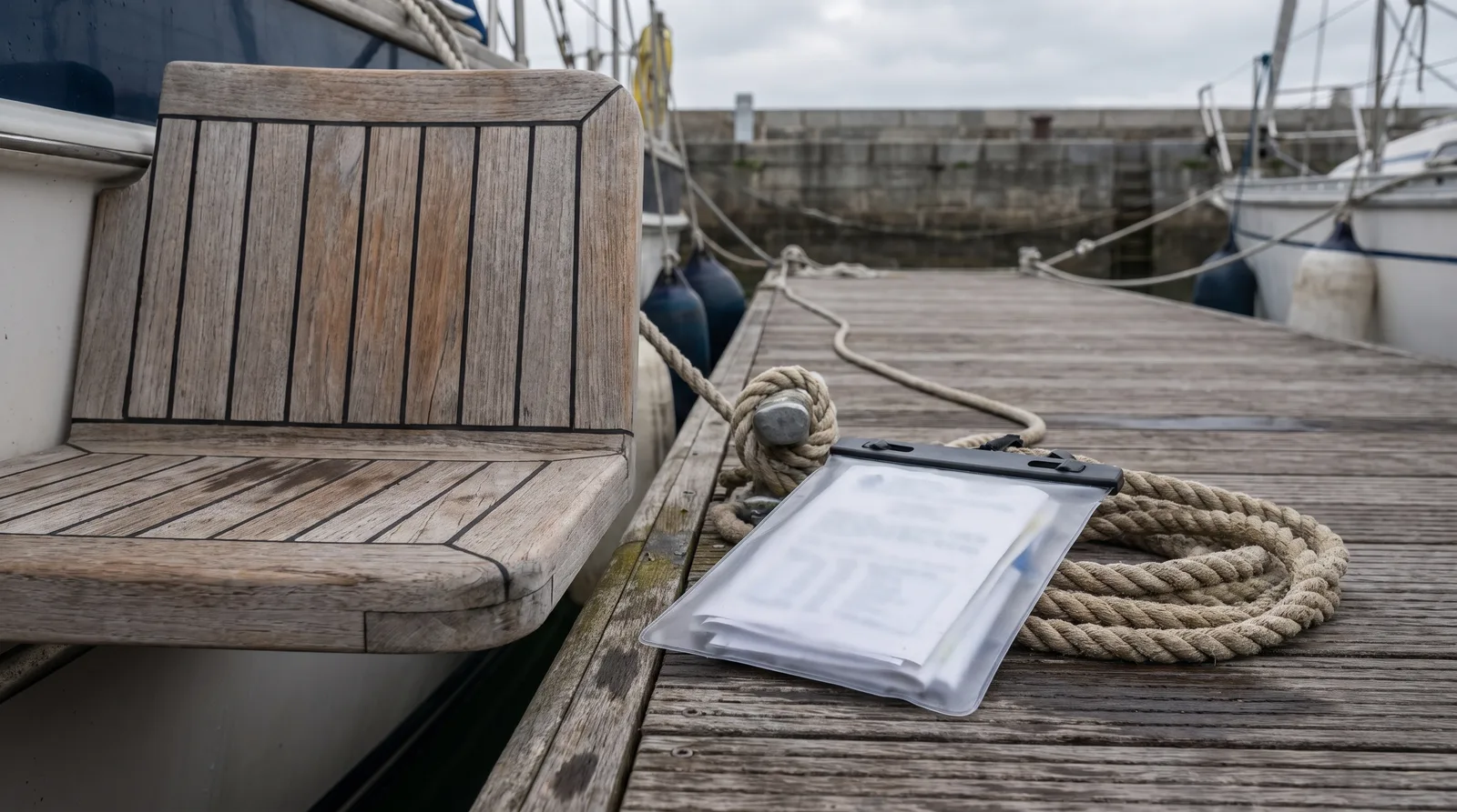 Documentación del barco en una funda estanca sobre el pantalán junto a un cabo adujado al lado de un velero de crucero