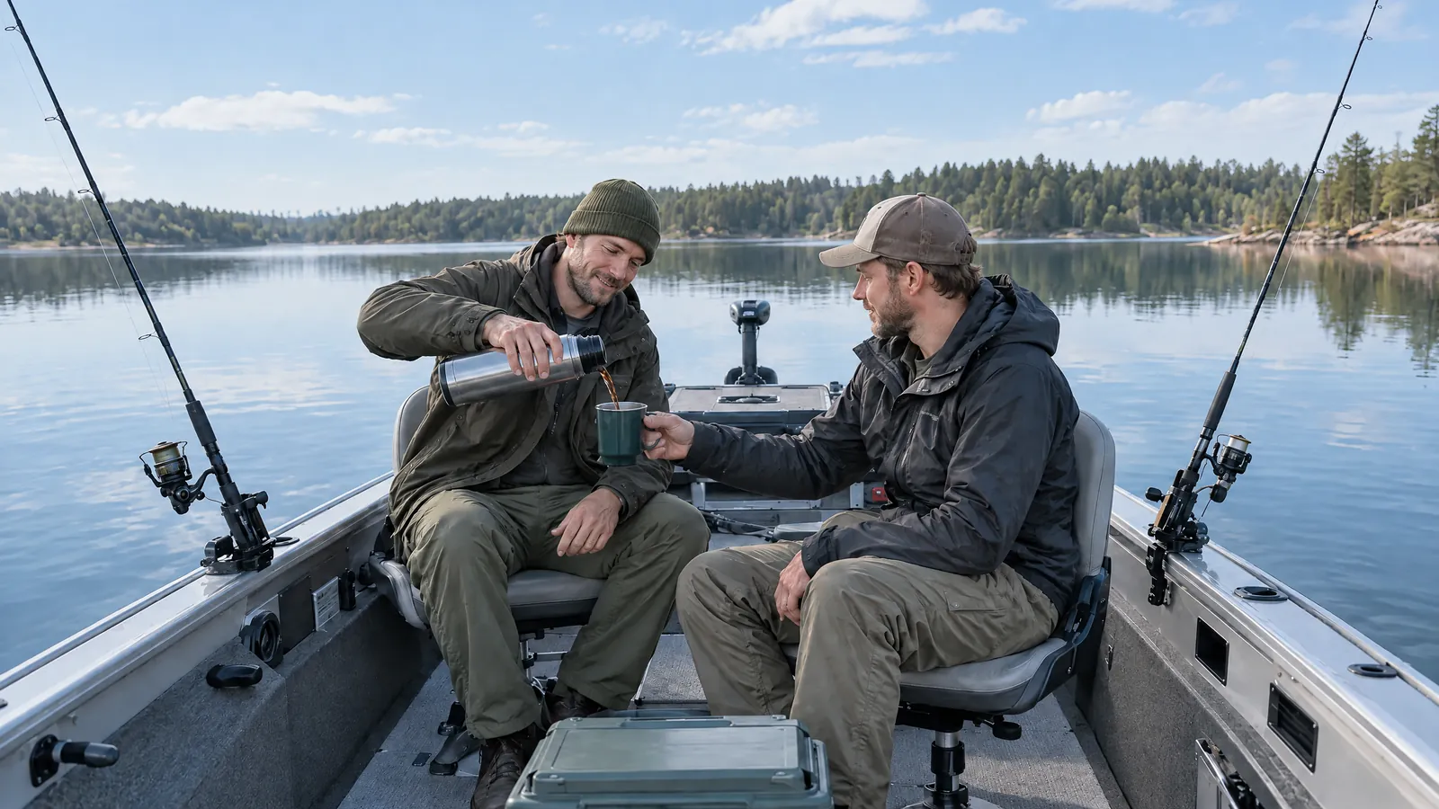 Dos amigos en una barca de aluminio se sirven café de un termo en un lago a pleno sol