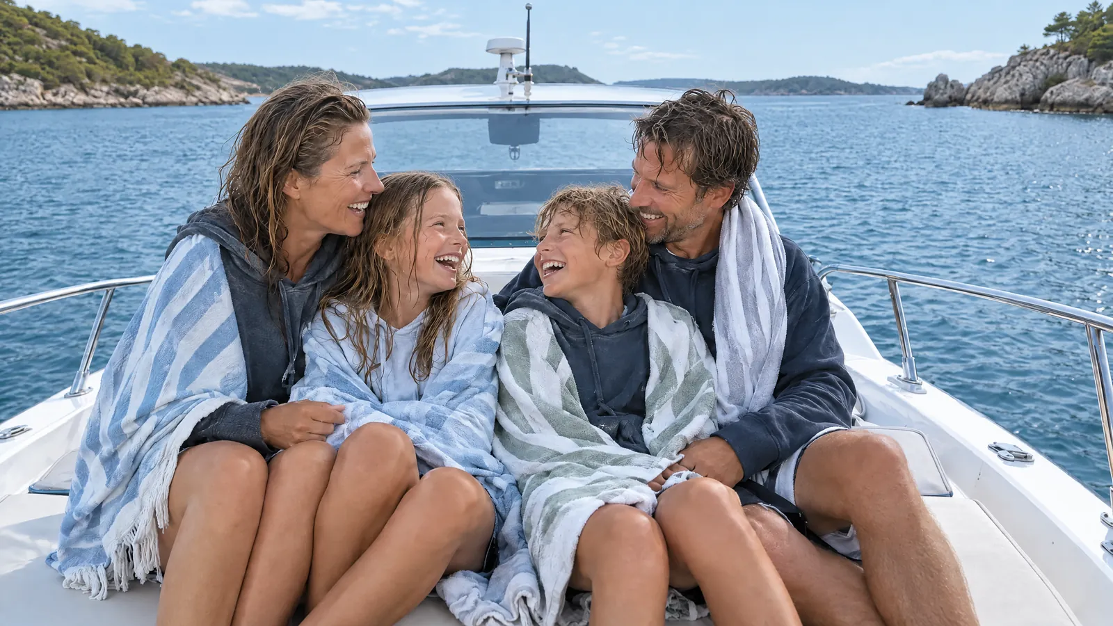 Una familia envuelta en toallas tras el baño ríe en la proa a pleno sol en la cala