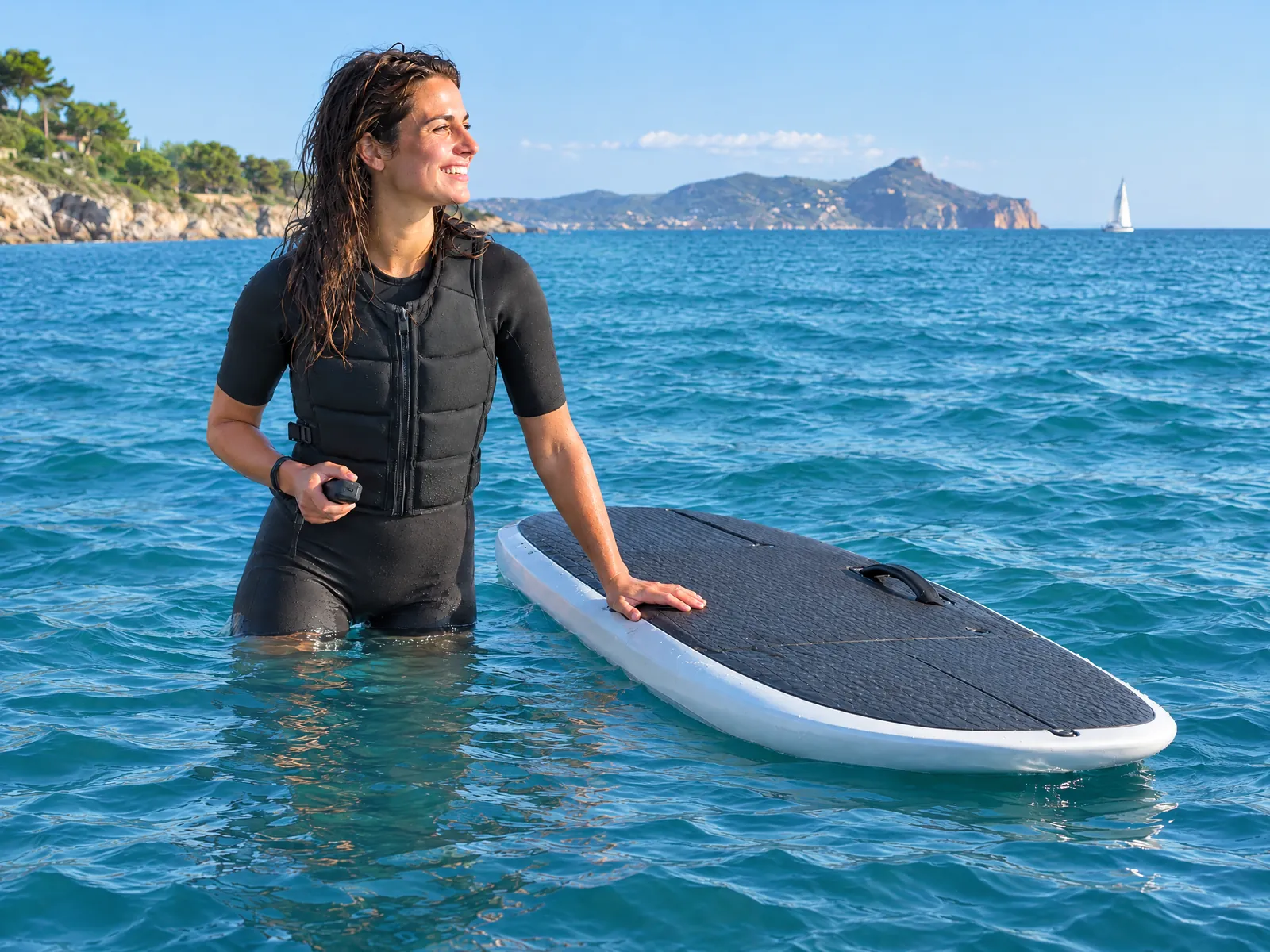 Una mujer sonriente con neopreno y chaleco de impacto, con el agua por la cintura junto a su eFoil y el mando en la mano