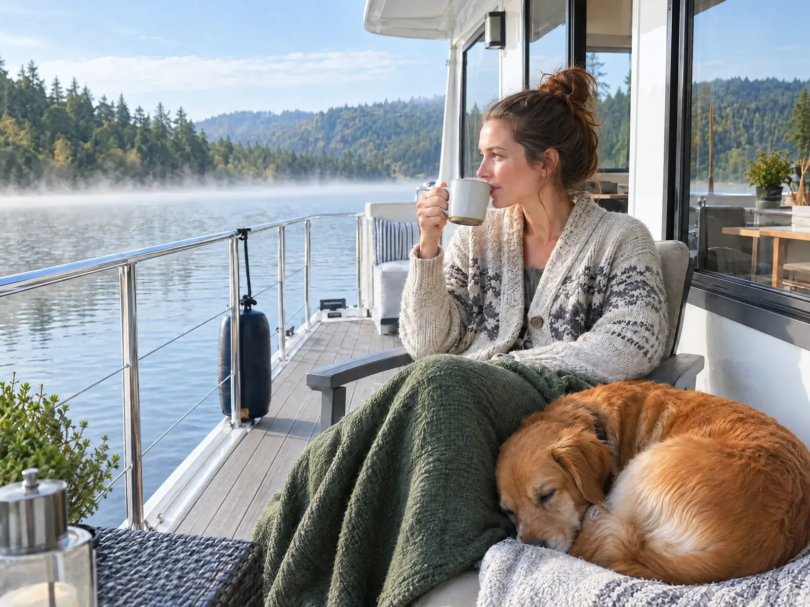 Una mujer toma café en la cubierta de una casa flotante a pleno sol, con un perro dormido a su lado