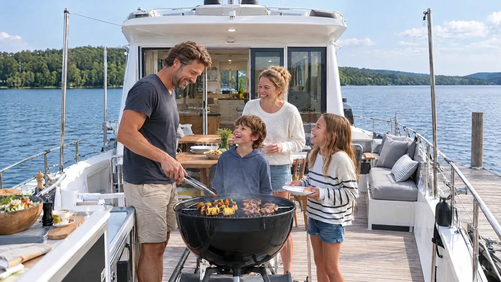 Un padre prepara una barbacoa en la cubierta de una casa flotante amarrada, la madre y los niños ríen a pleno sol