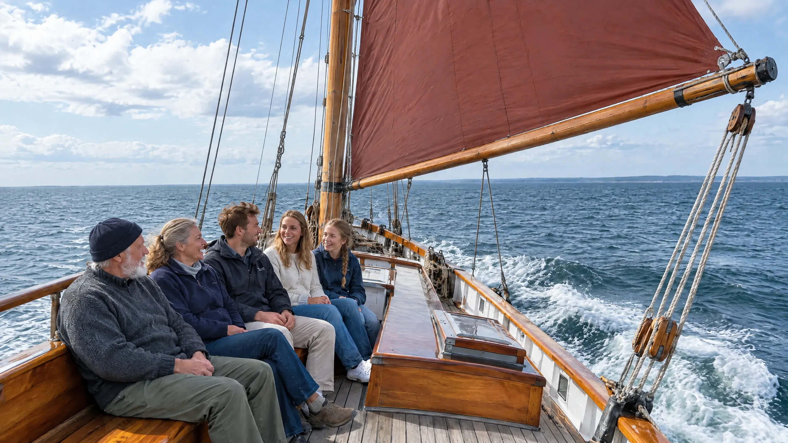 Velero tradicional con velas rojizas navegando, invitados en cubierta
