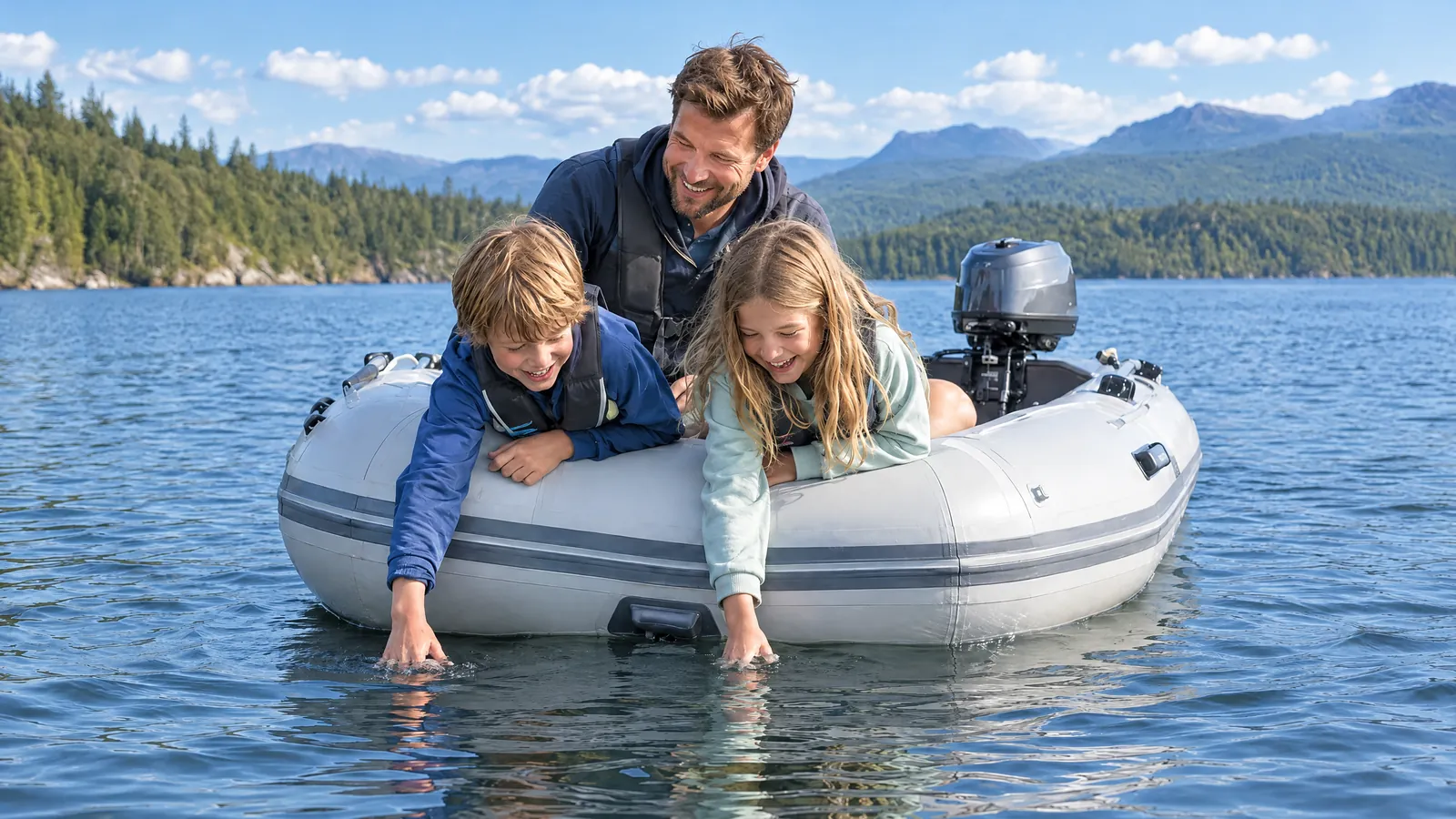 Un padre y sus dos hijos en una neumática gris en un lago, los niños meten las manos en el agua entre risas