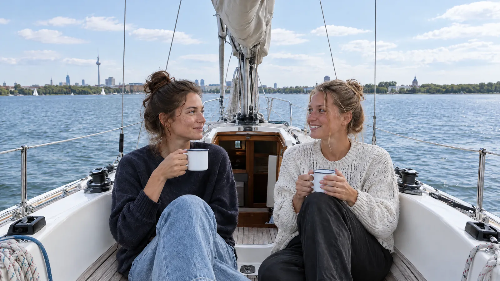 Dos amigas con tazas esmaltadas en la cubierta de un velero con el perfil de Berlín a pleno sol detrás