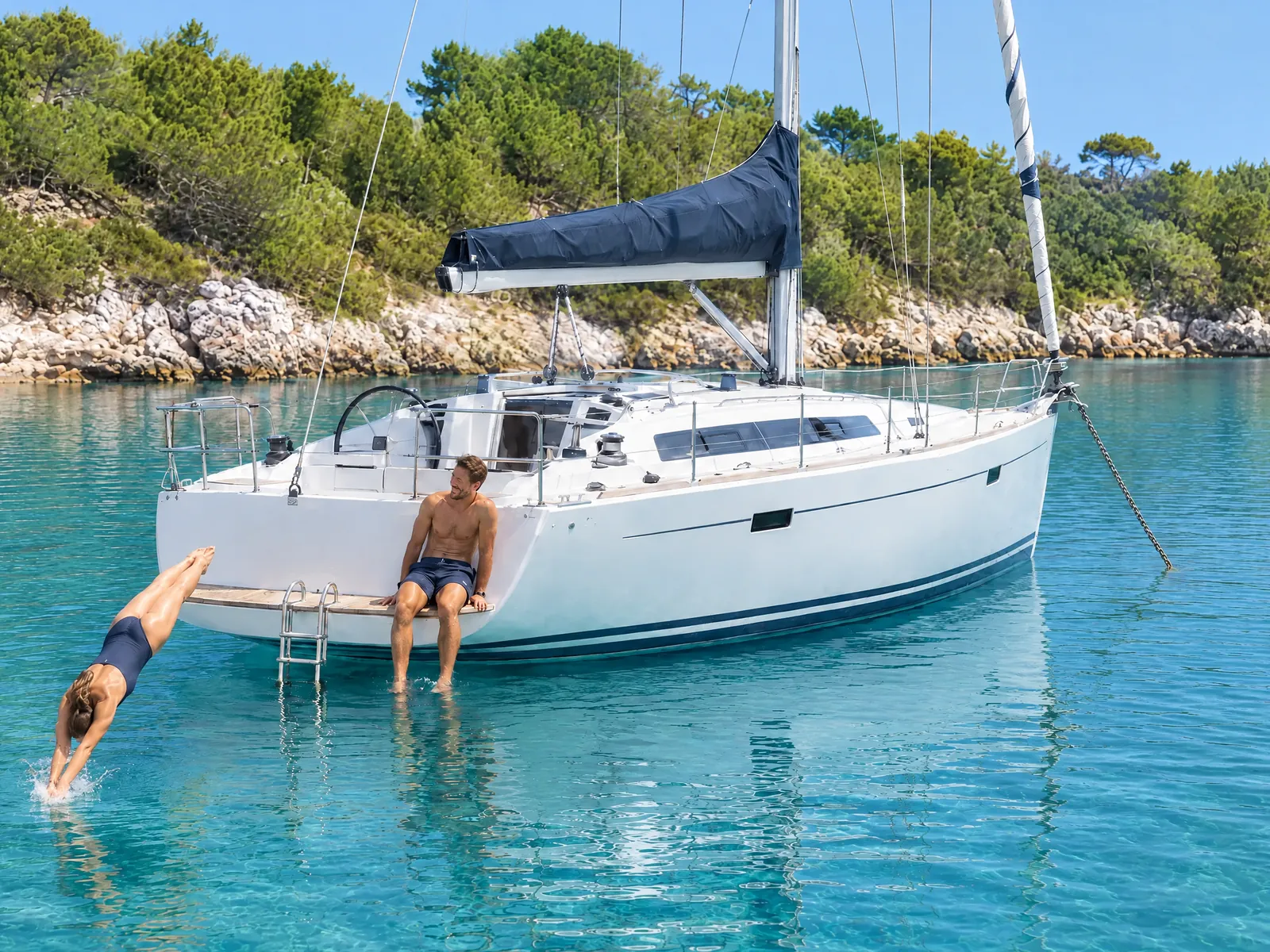 Velero fondeado en una cala turquesa, un hombre sentado en la plataforma de baño y una mujer saltando de cabeza al agua