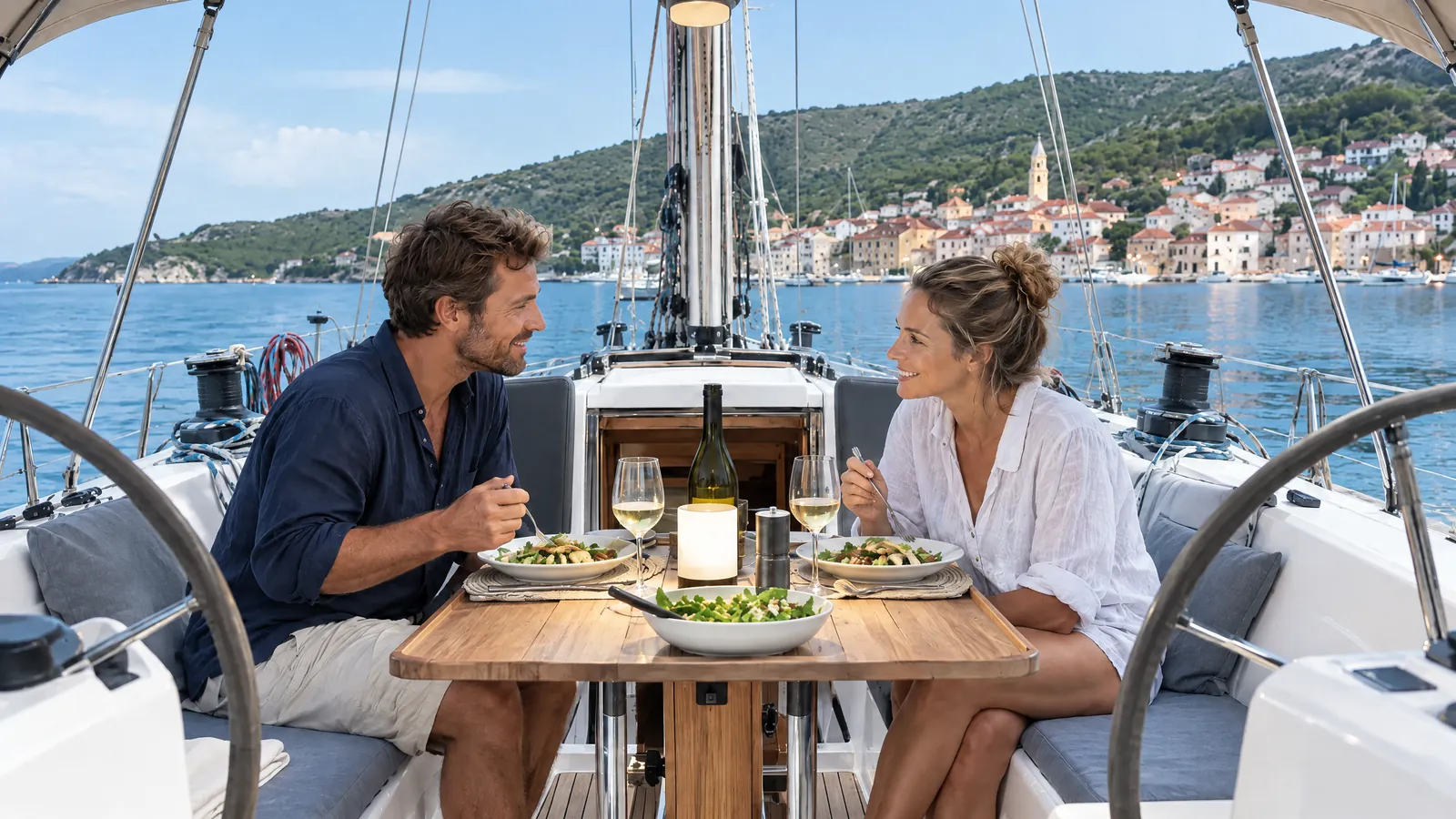 Una pareja come en la bañera de un velero, con un pueblo en la orilla