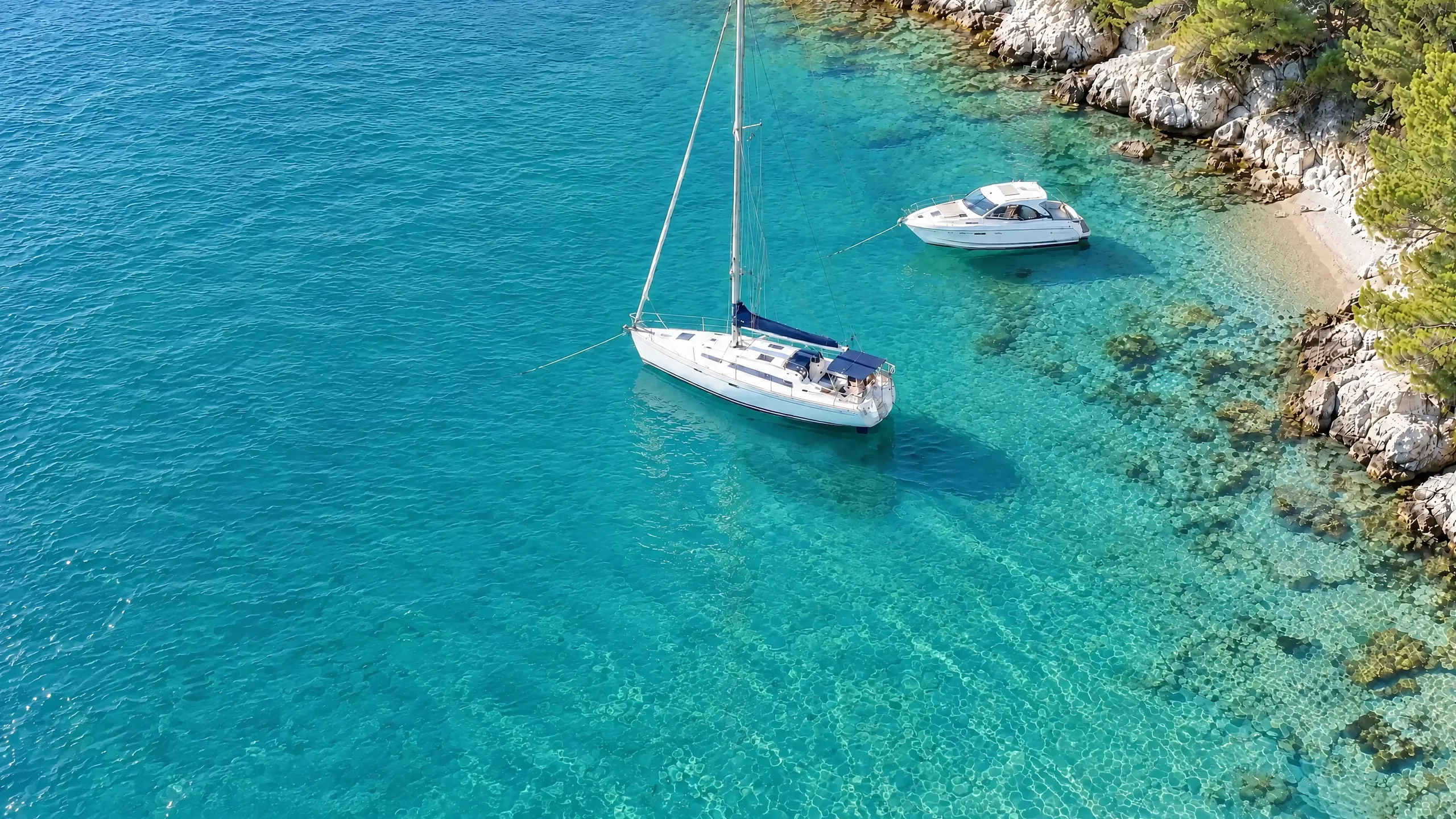 Vista aérea de una cala turquesa: un velero y una lancha fondeados, con dos personas nadando al lado