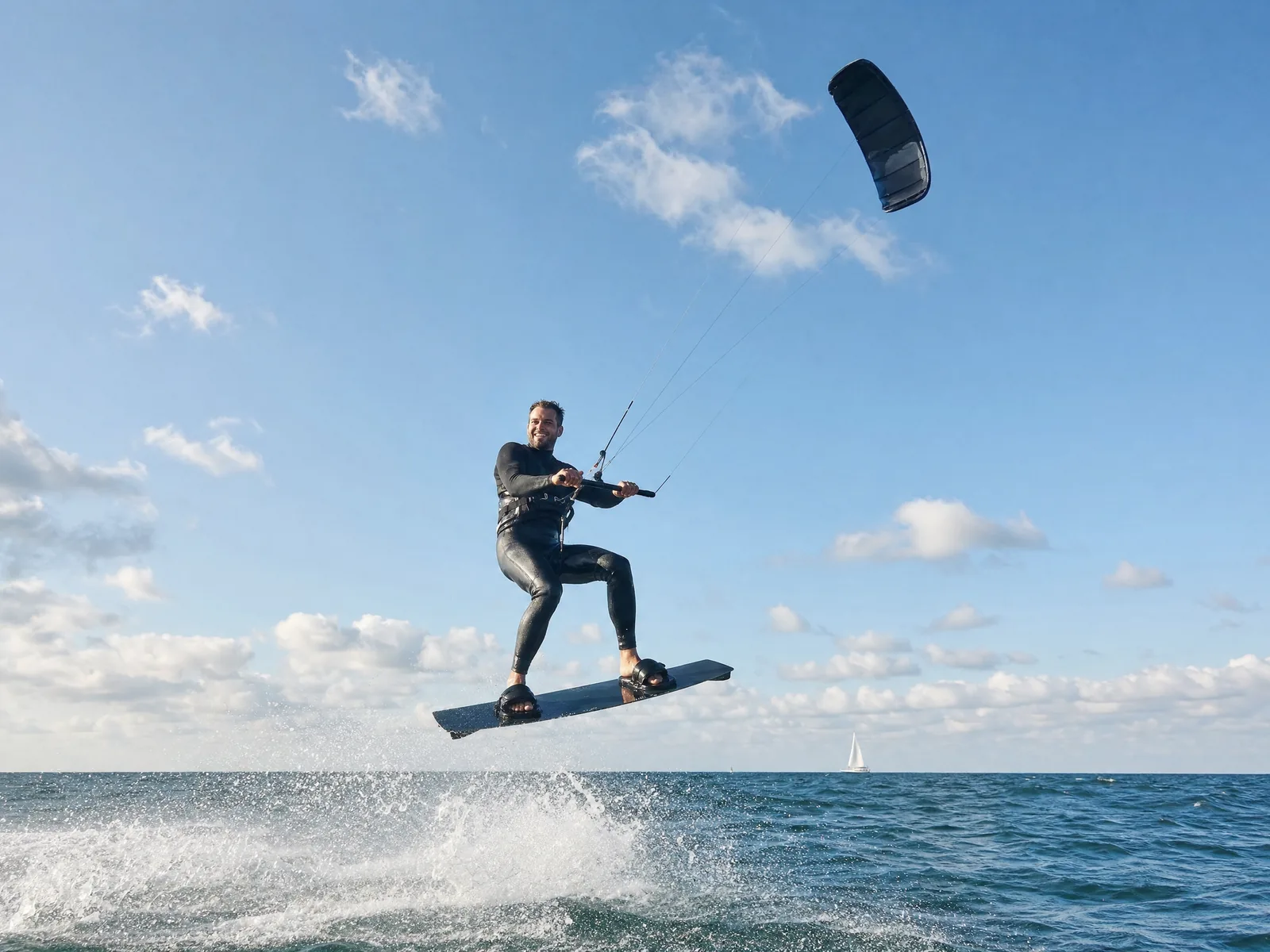 Un kitesurfista con neopreno salta muy alto sobre el mar, la cometa arriba y la espuma bajo la tabla
