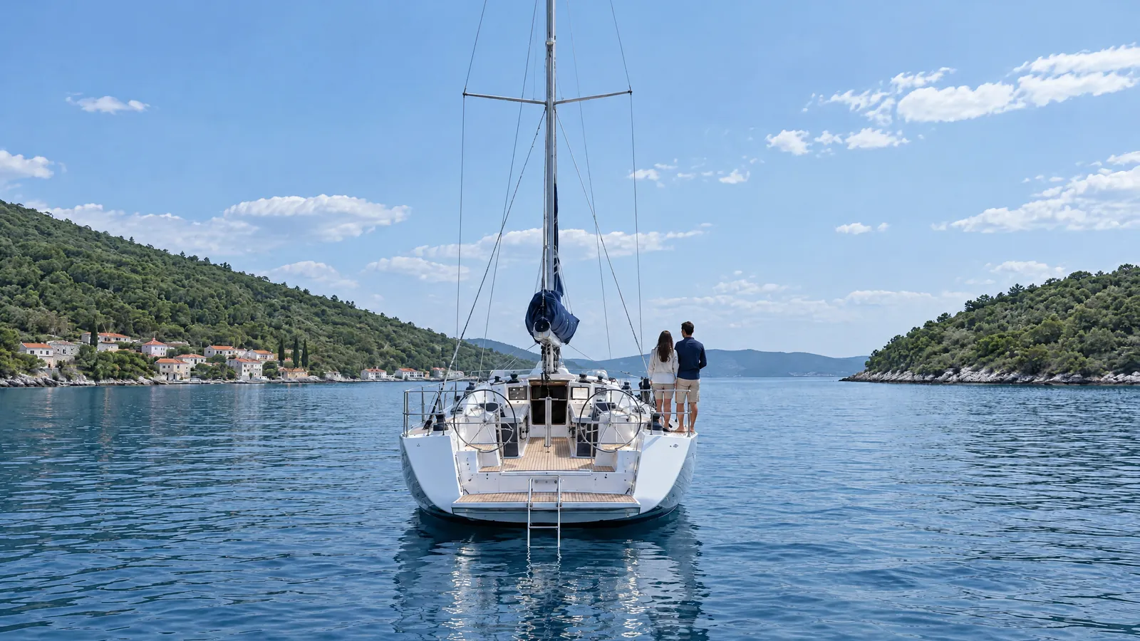 Velero fondeado en una cala, una pareja en la popa contempla el mar