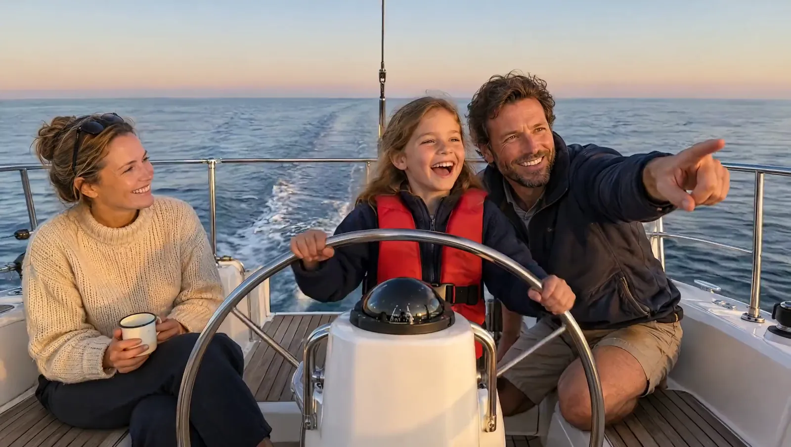 Una niña lleva el timón de un velero, su padre señala al frente y su madre sonríe al atardecer