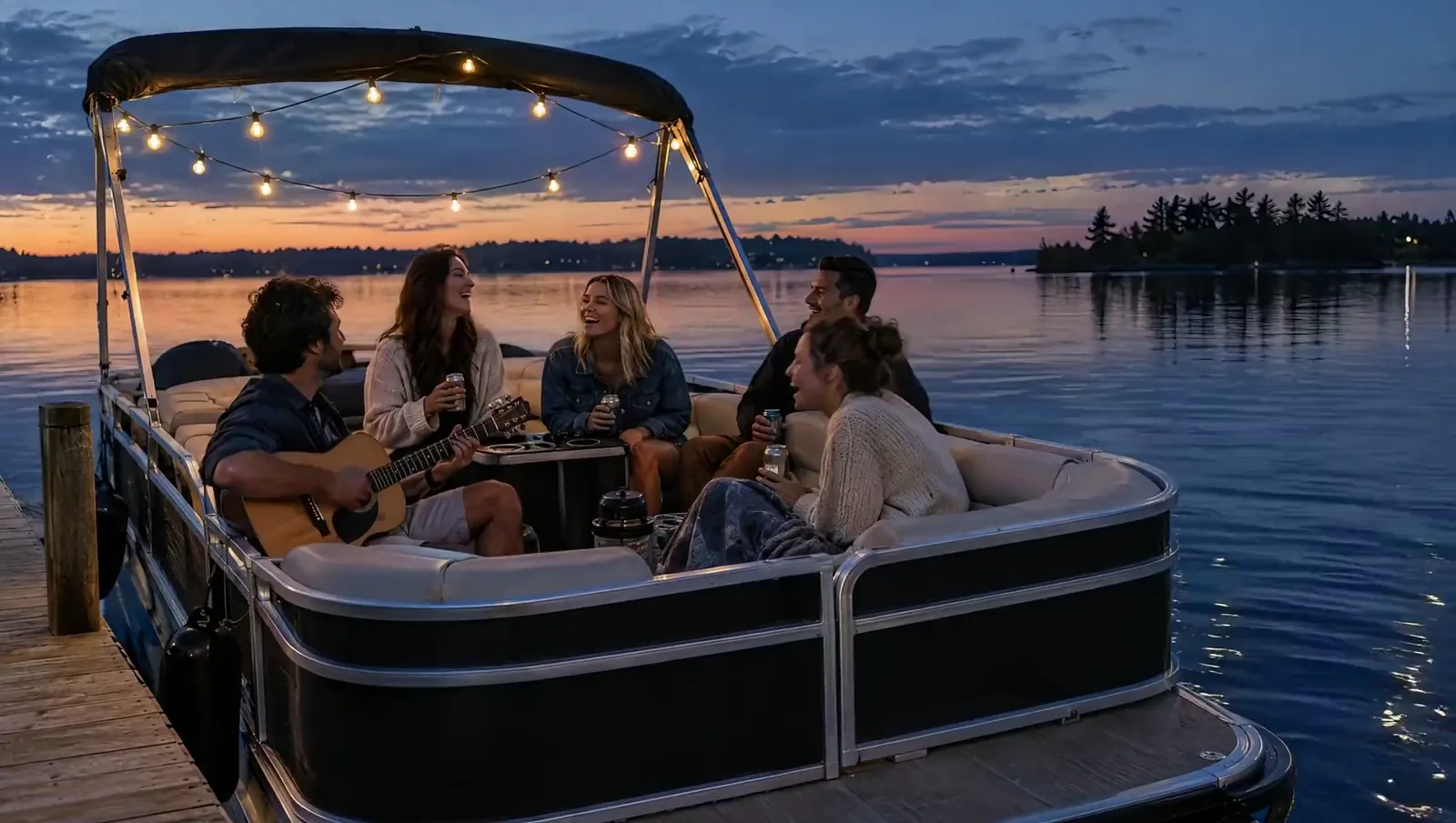 Amigos cantan con una guitarra en un barco pontón bajo una guirnalda de luces