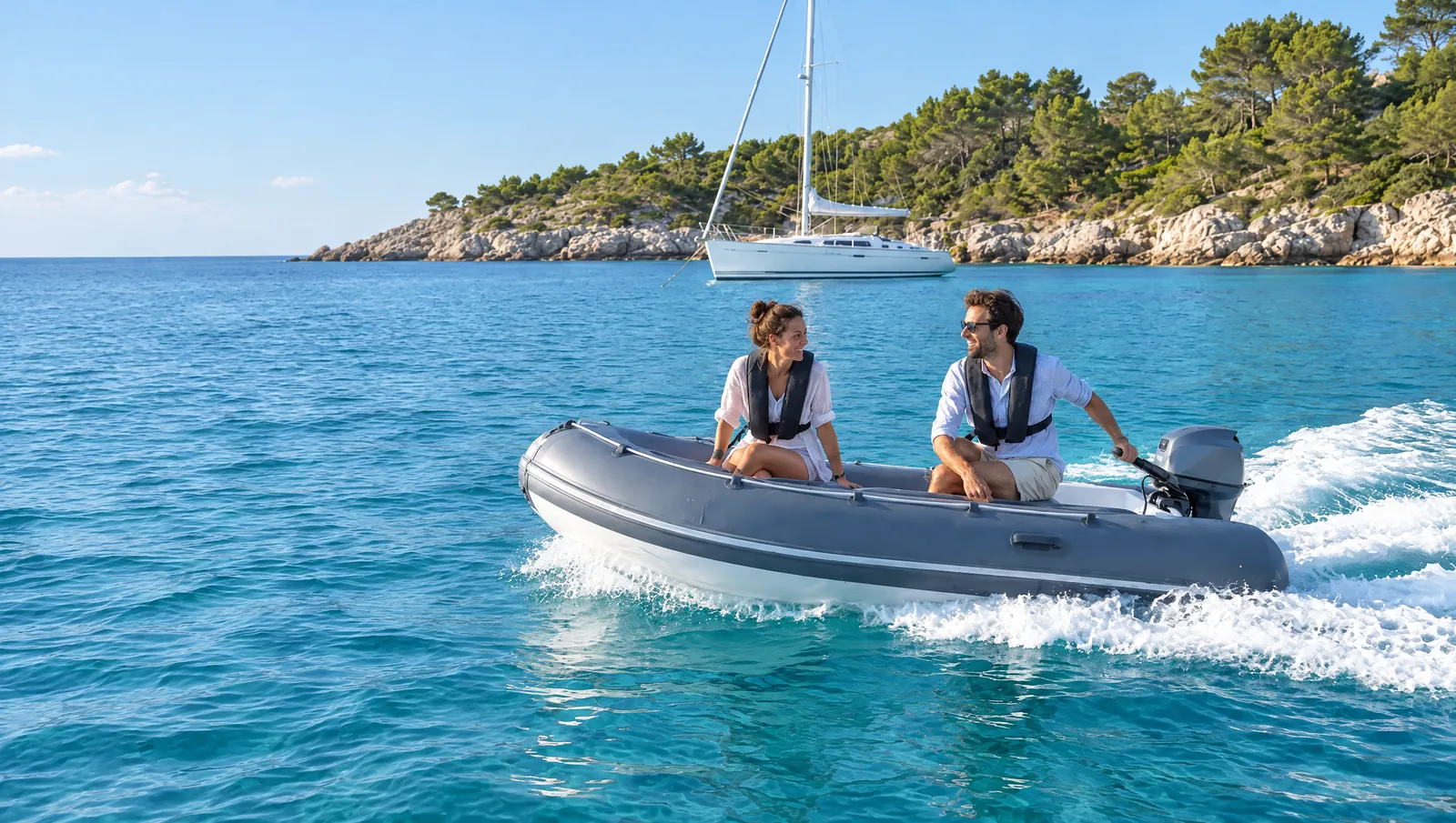 Una pareja ríe en una neumática gris con fueraborda cruzando una cala turquesa, detrás un velero fondeado