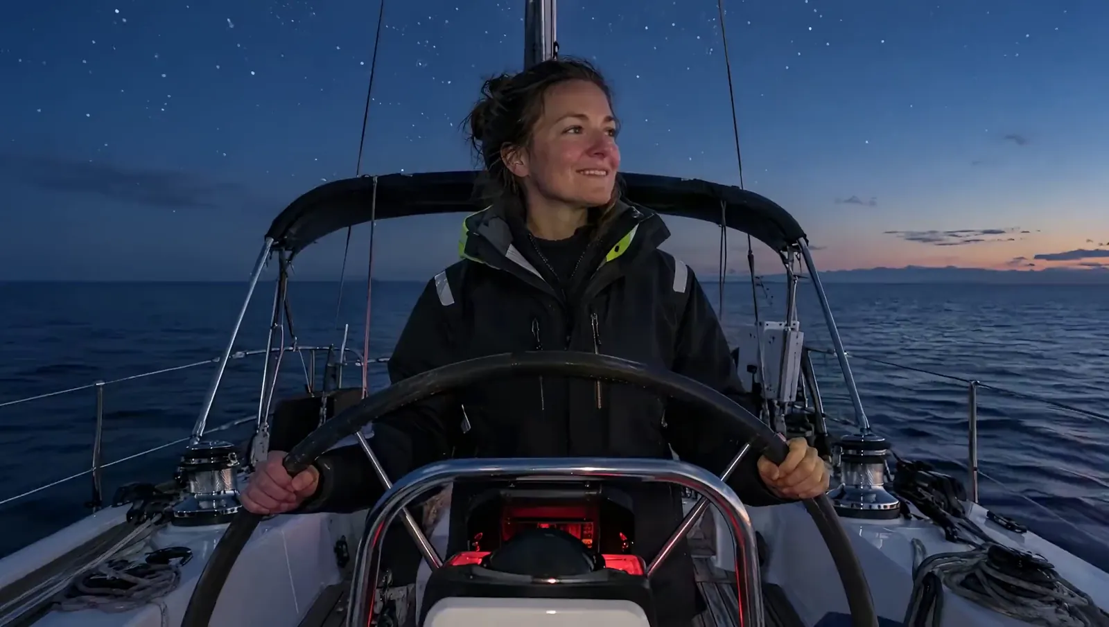 Una navegante con ropa de agua lleva el timón de un velero de noche en mar abierto