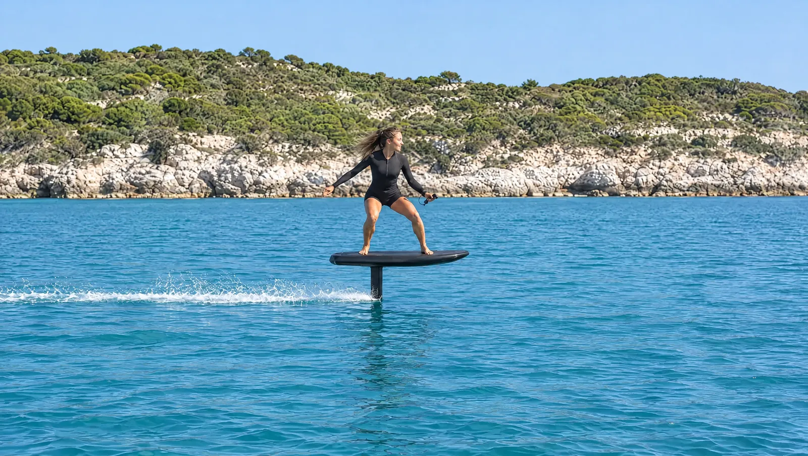 Mujer con neopreno negro navega en un e-foil sobre agua turquesa, con una costa rocosa y verde detrás