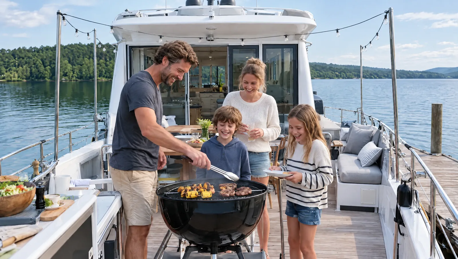 Una familia ríe alrededor de la barbacoa en la cubierta de una casa flotante, a pleno sol