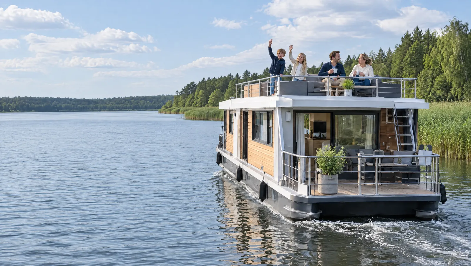 Dos niños saludan desde la cubierta superior de una casa flotante, sus padres ríen, a pleno sol en un lago