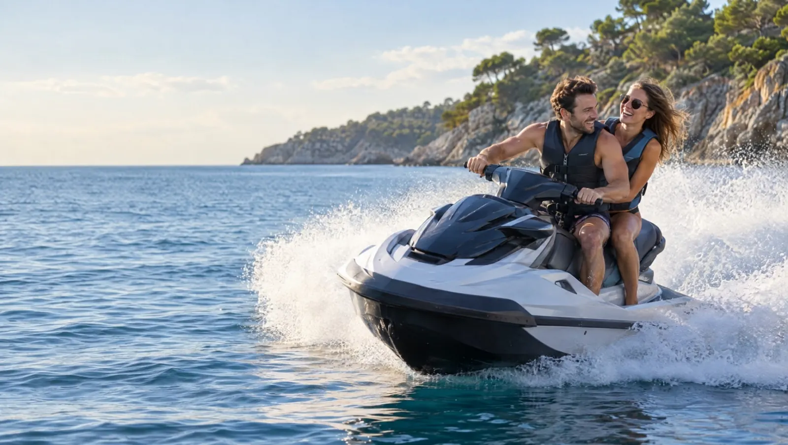 Una pareja sonriente con chalecos salvavidas traza una curva en una moto de agua blanca ante una costa rocosa con pinos