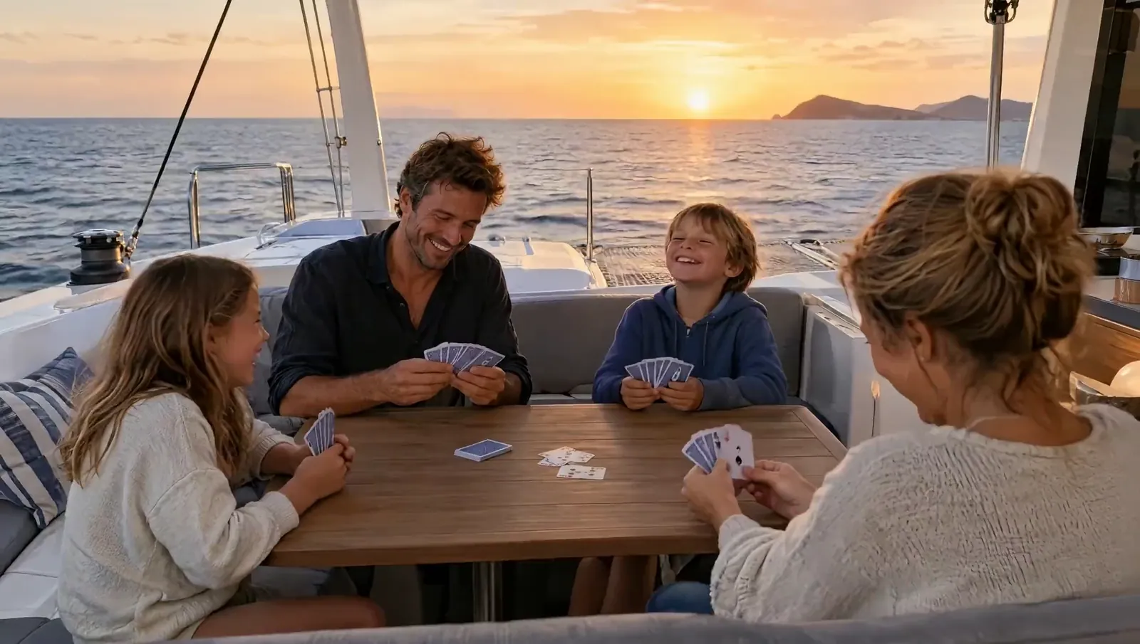Padre, madre y dos niños se ríen jugando a las cartas en la bañera mientras el sol se pone sobre el mar