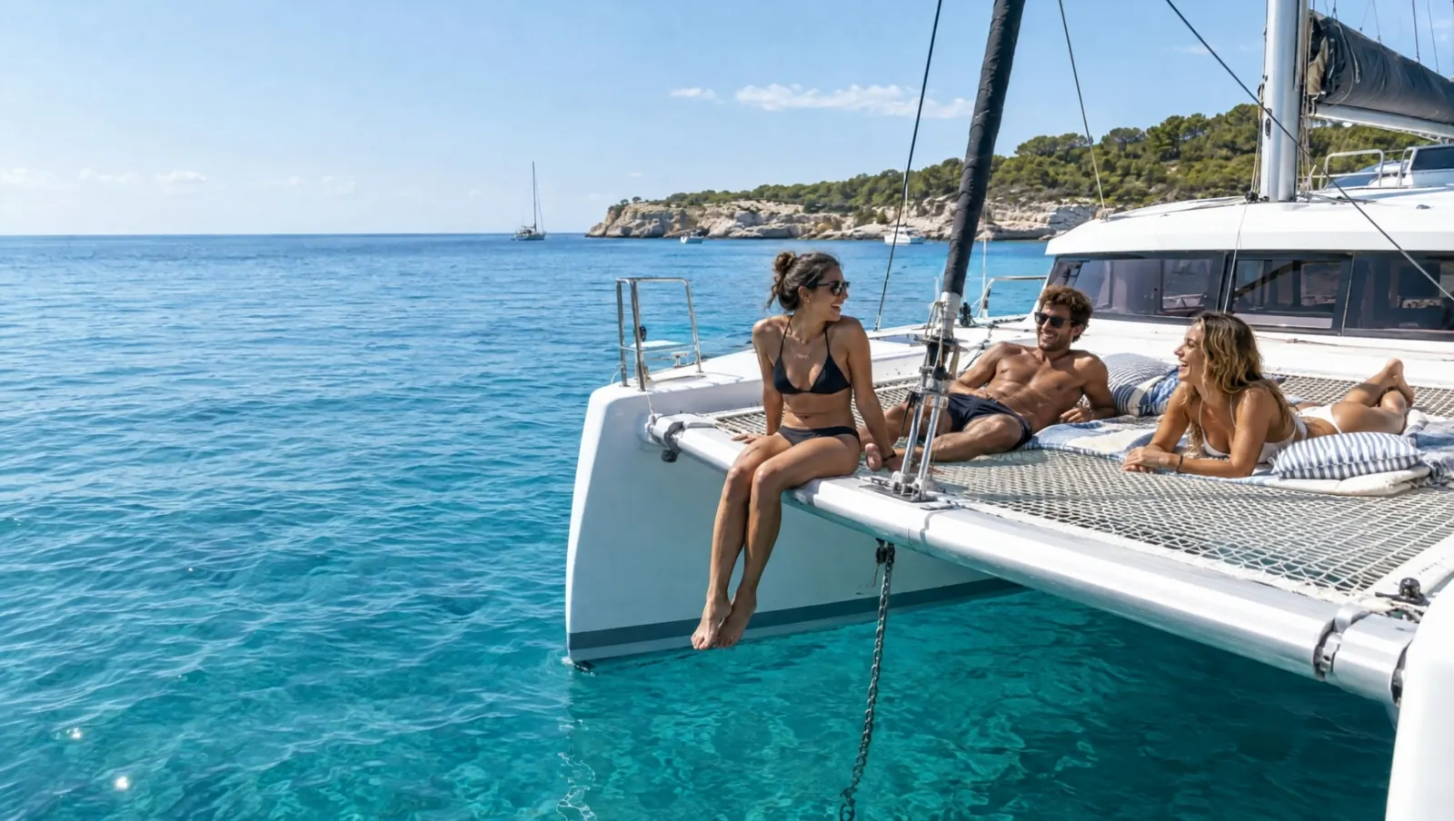 Tres amigos descansan en la red de un catamarán fondeado en una cala turquesa, una de ellas deja colgar los pies