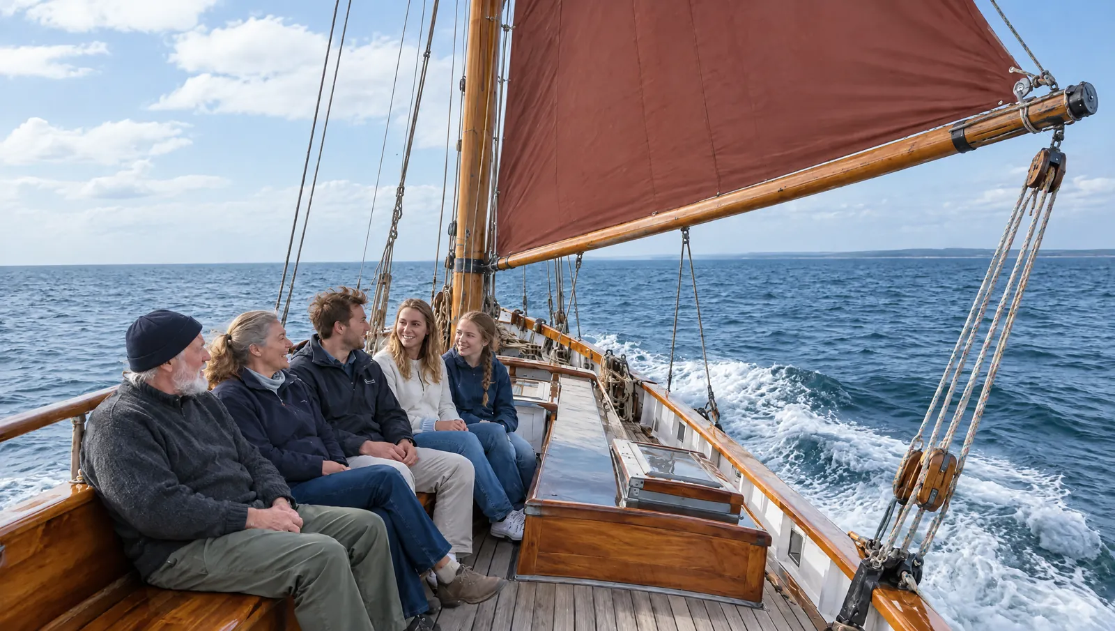 Cinco personas de todas las edades charlan sonrientes en la cubierta de un velero clásico de vela rojiza a pleno sol