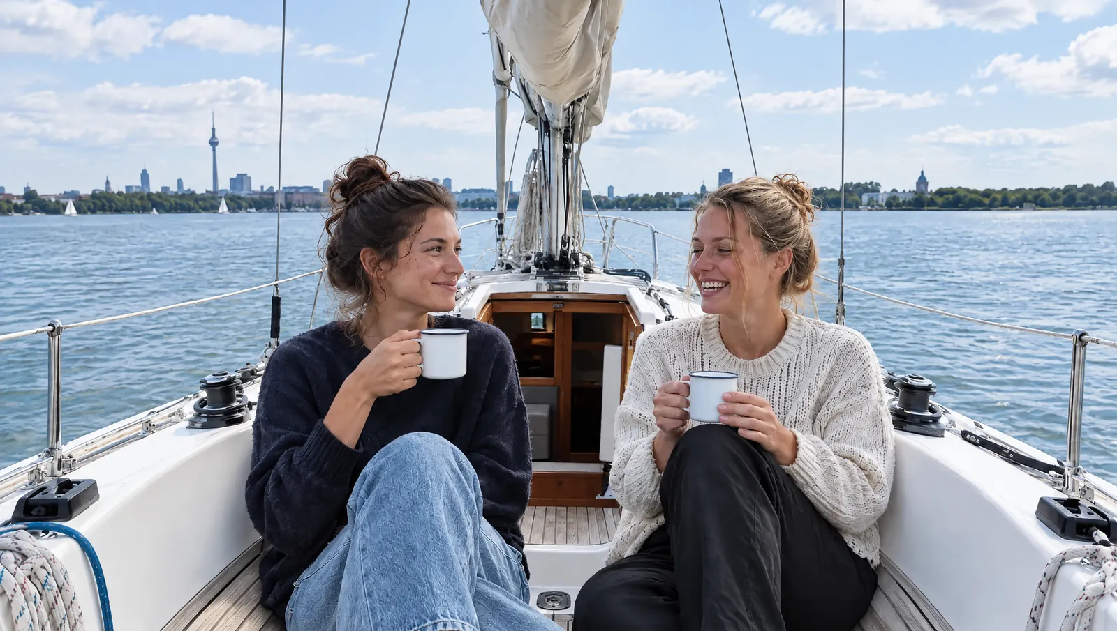 Dos amigas brindan con tazas esmaltadas en la cubierta de un velero bajo un cielo azul radiante