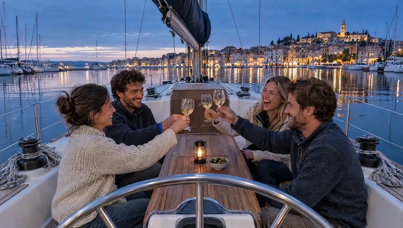 Cuatro amigos brindan riendo en la bañera de un velero en el puerto a la hora azul