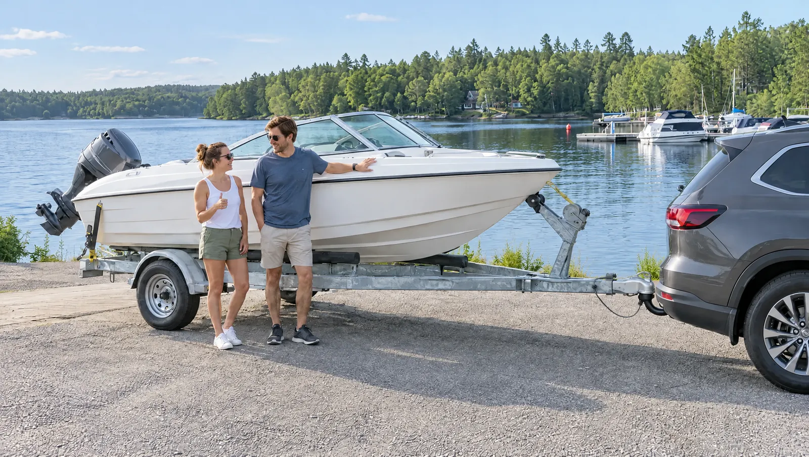 Pareja riendo junto a una lancha blanca sobre un remolque enganchado a un SUV gris, junto a la rampa del lago